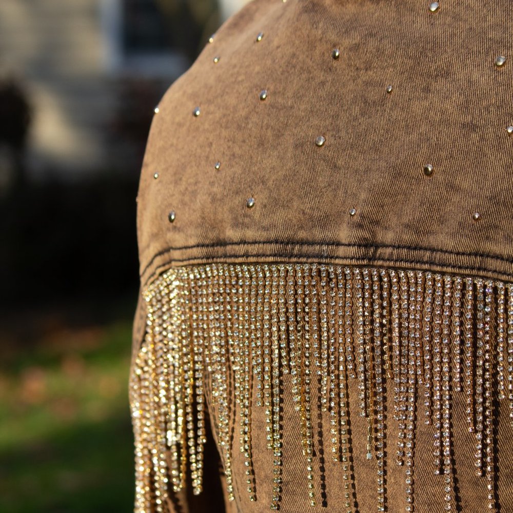 UPCYCLED Denim Rhinestone Fringe Jacket - Picture 7 of 10